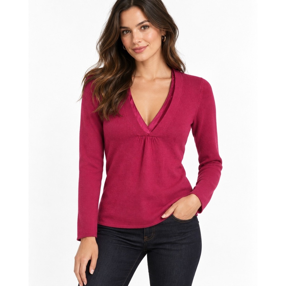Ann Taylor Merino Wool Angora Sweater Small Magenta Deep V Neck Satin Trim